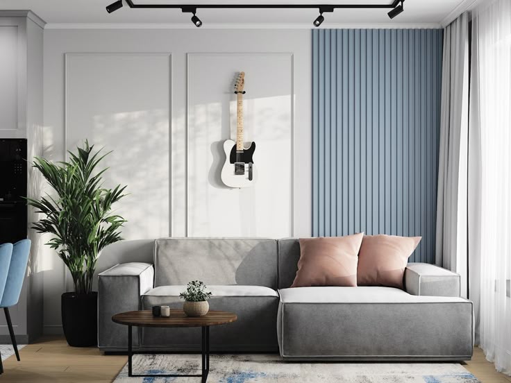 Luxurious living room with curved furniture and modern décor