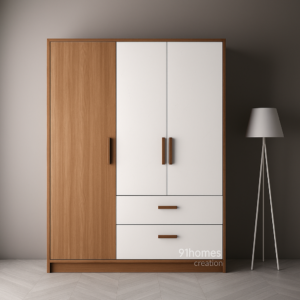 matte white and oak finish wardrobe with drawers and sleek wooden handles