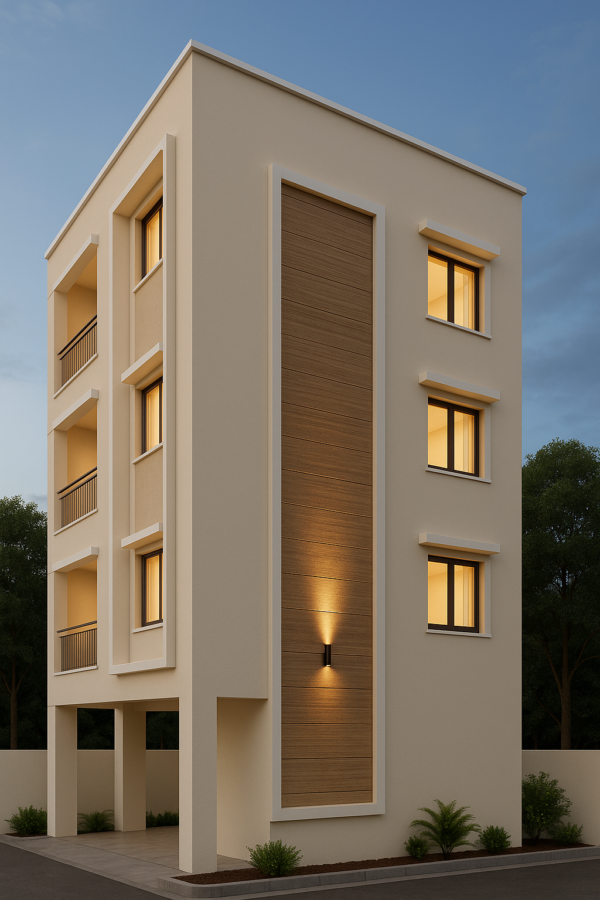 Elegant multi-storey residential building with warm facade lighting and modern exterior wall design