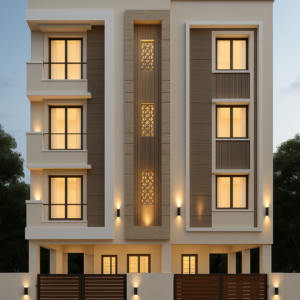 Modern 4-storey house front elevation design with wooden textures, jali panel, and warm lighting