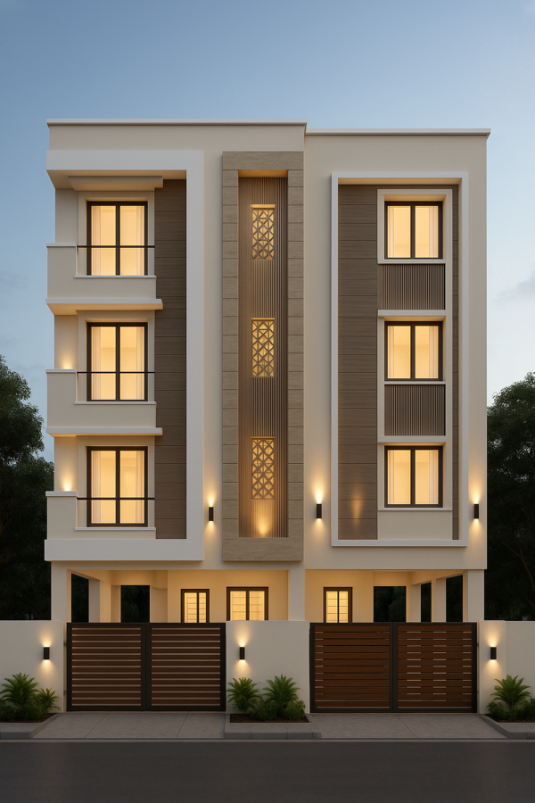 Modern 4-storey house front elevation design with wooden textures, jali panel, and warm lighting