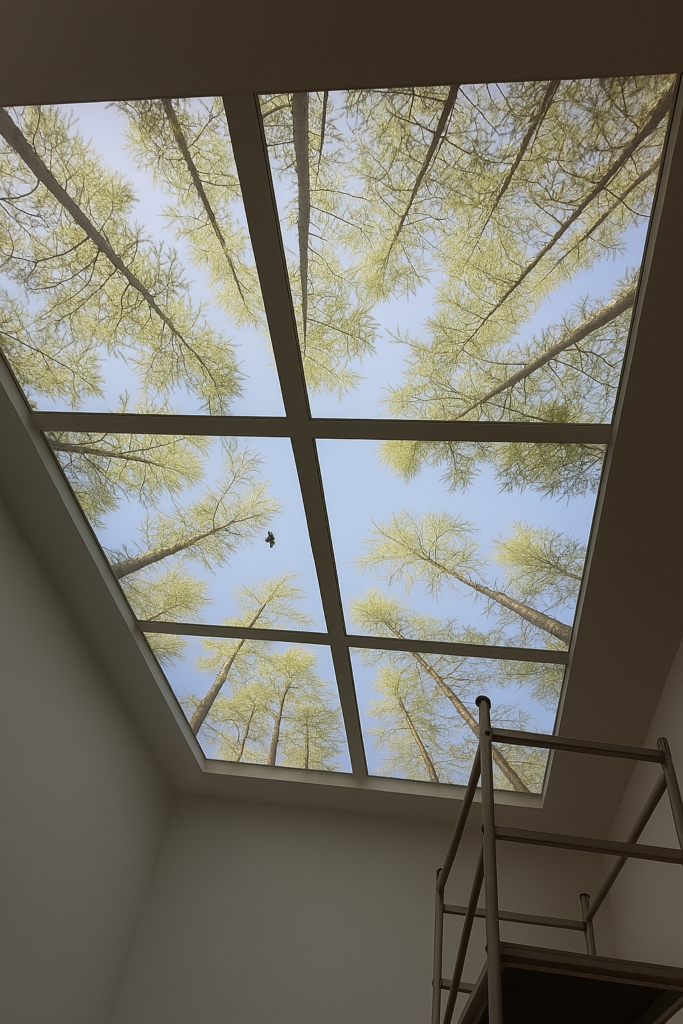 Stretch ceiling with printed tree canopy and sky design
