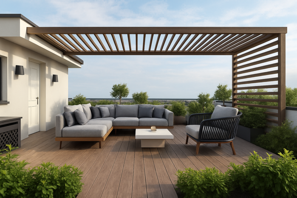 Daytime rooftop terrace with wooden pergola, modern outdoor seating, and lush plants