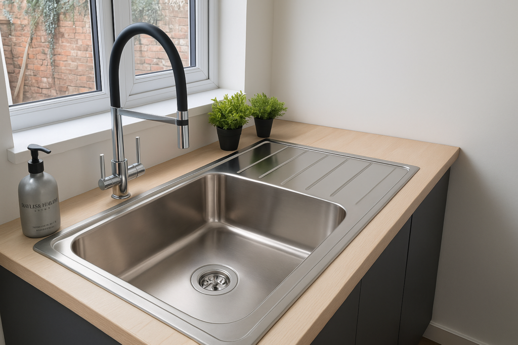 Modern stainless steel kitchen sink with sleek black faucet on a light wood countertop