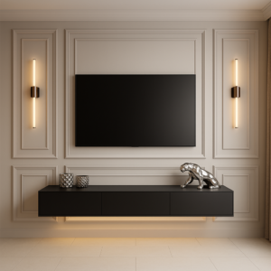 Matte Black TV Unit Beige wall panel TV unit with matte black floating cabinet and LED lighting