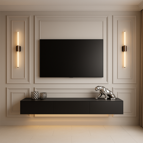 Matte Black TV Unit Beige wall panel TV unit with matte black floating cabinet and LED lighting