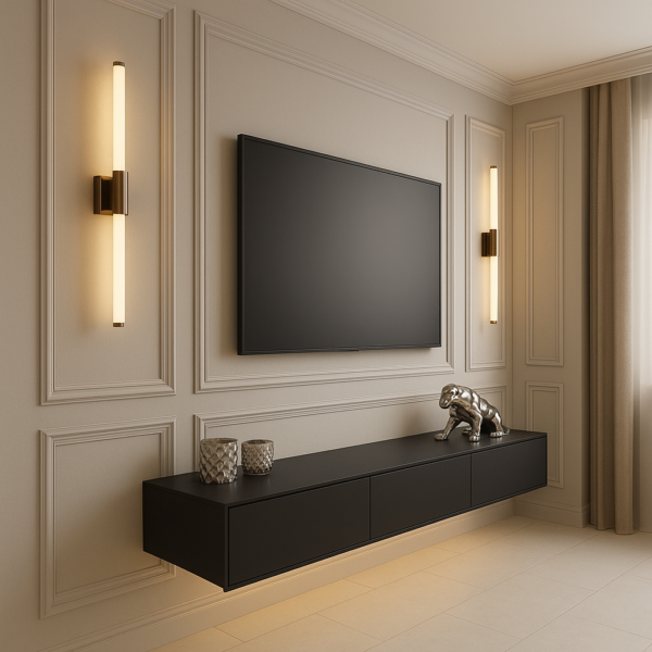 Modern wall-mounted TV cabinet with soft beige panels and ambient strip lights