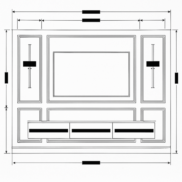 Luxury TV unit with decorative molding, vertical wall lights, and black console