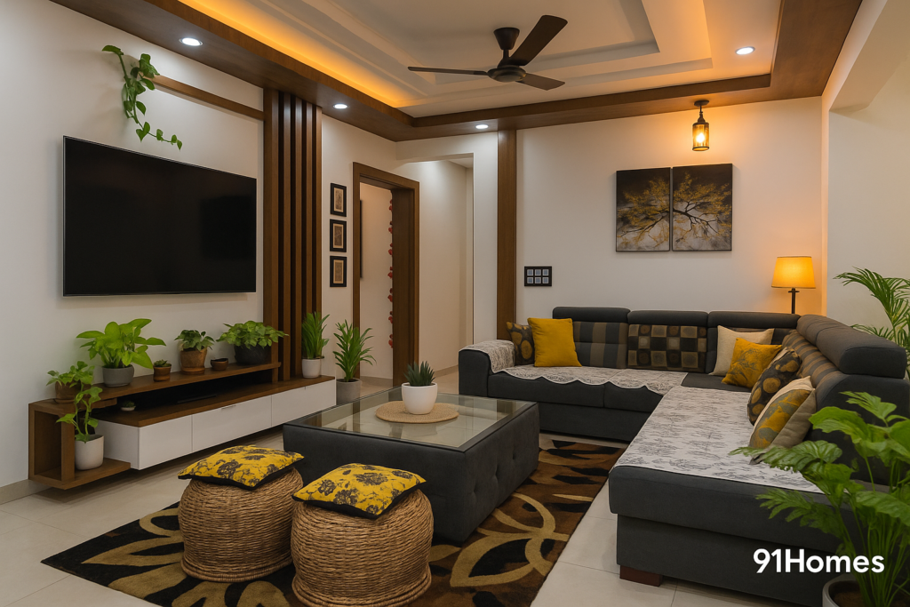 Modern luxury living room with L-shaped sofa, wooden ceiling accents, ambient lighting, and indoor plants, designed for elegant and cozy home interiors.