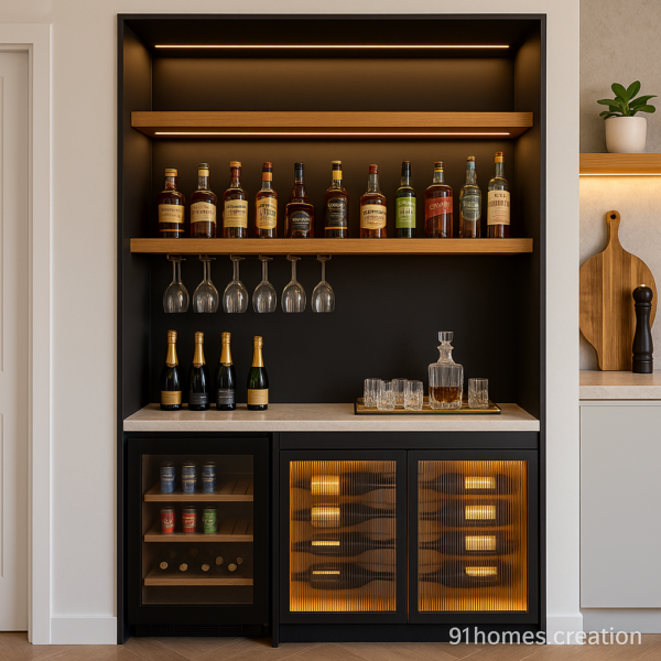 recessed matte black bar unit for Modern home bar with back panel and wooden shelves