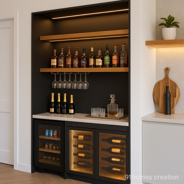 Wall-mounted bar unit with wine fridge, LED lighting, and glass rack