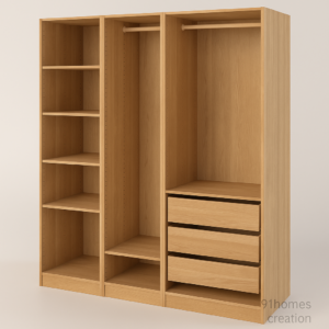 Three-section light oak wooden open wardrobe with adjustable shelves.