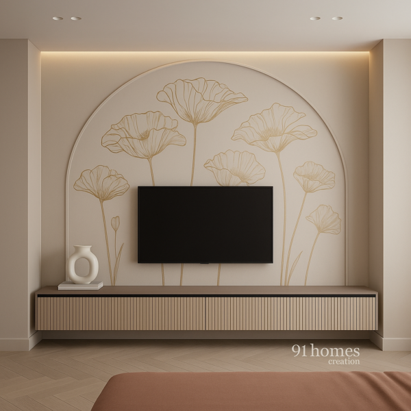 Beige arched floral wall TV panel with golden floral wallpaper and floating wooden console