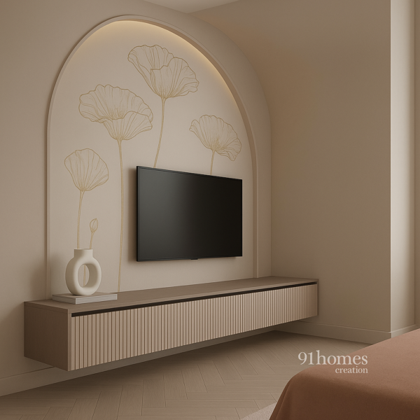 Modern wall-mounted TV on textured floral backdrop in warm neutral tones.