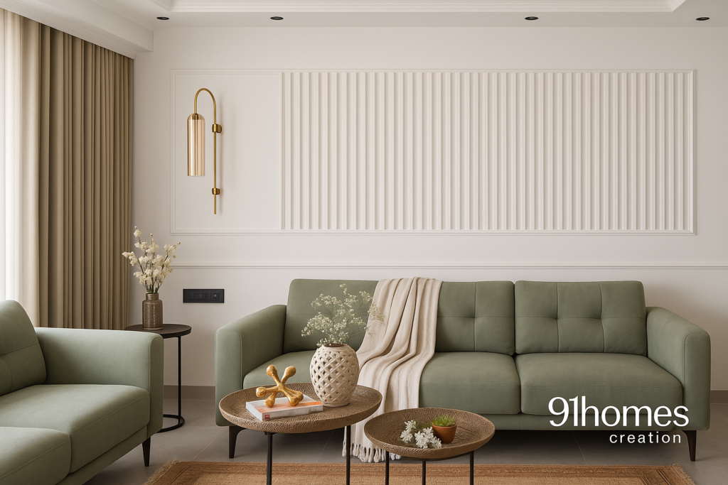Elegant modern living room with sage green sofa, fluted white wall panel, brass sconce, and beige curtains. avoid interior design mistakes