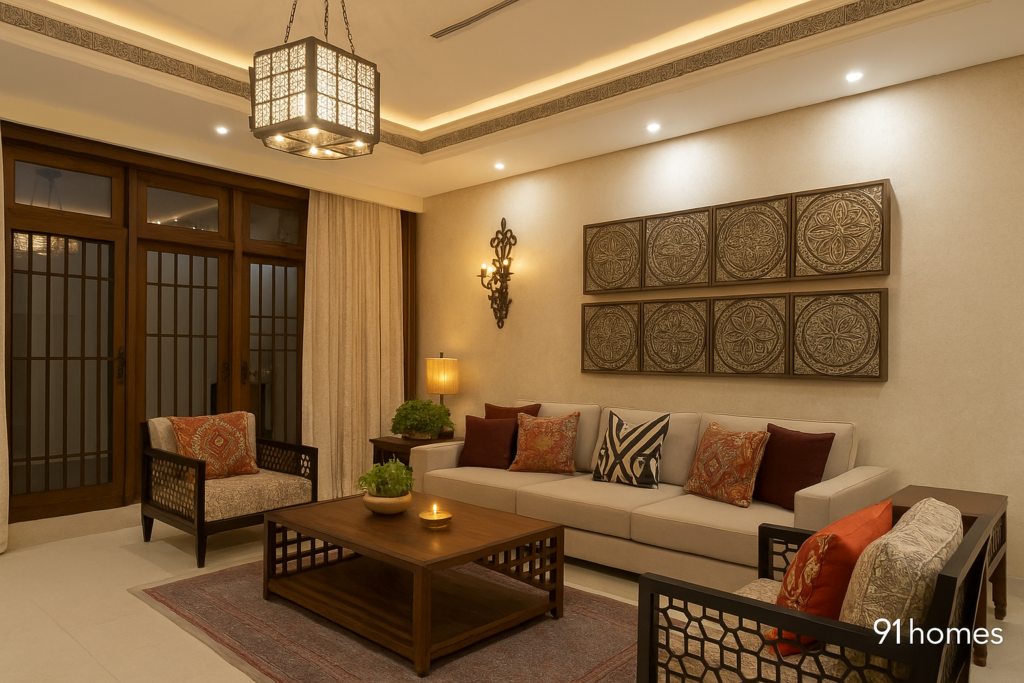 Traditional Indian-style living room with warm lighting, carved wooden furniture, and decorative wall panels designed by 91 Homes.