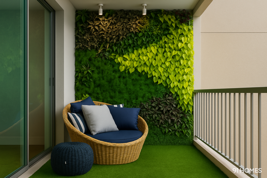 Small balcony makeover with vertical garden, artificial turf, and rattan seating—an under budget DIY design perfect for compact urban spaces.
