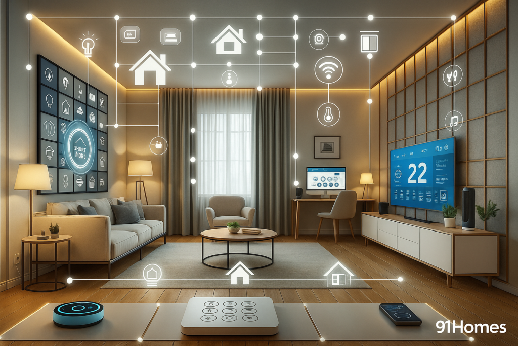 Smart AI-powered modern living room interior with connected home devices and 91Homes branding