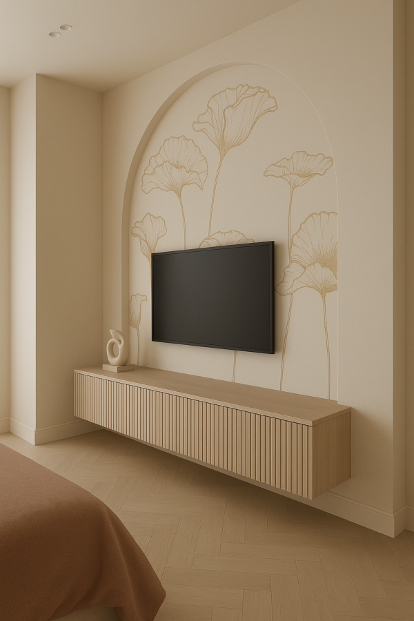 Arched Floral TV Wall with Beige Fluted Console - Image 2