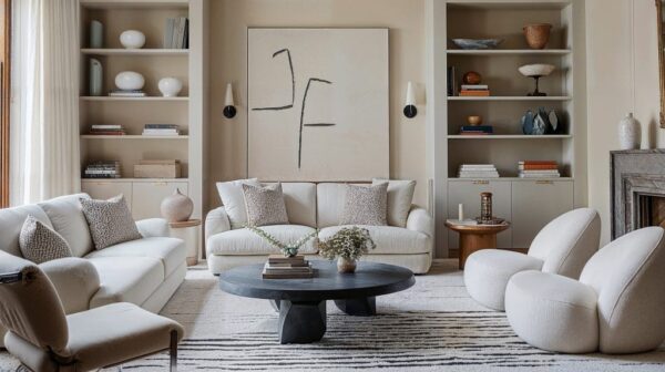 Modern minimalist living room with cream furniture, black coffee table, and built-in shelving