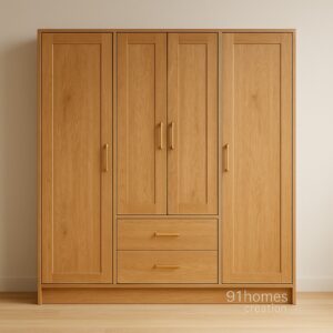 Light oak matte wardrobe with golden handles, featuring two drawers and five doors