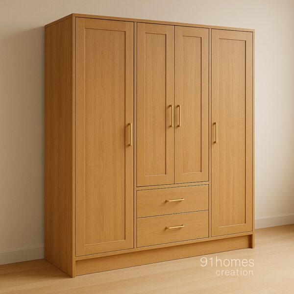 Three-door oak wooden almirah with drawers, sleek design, natural grain texture