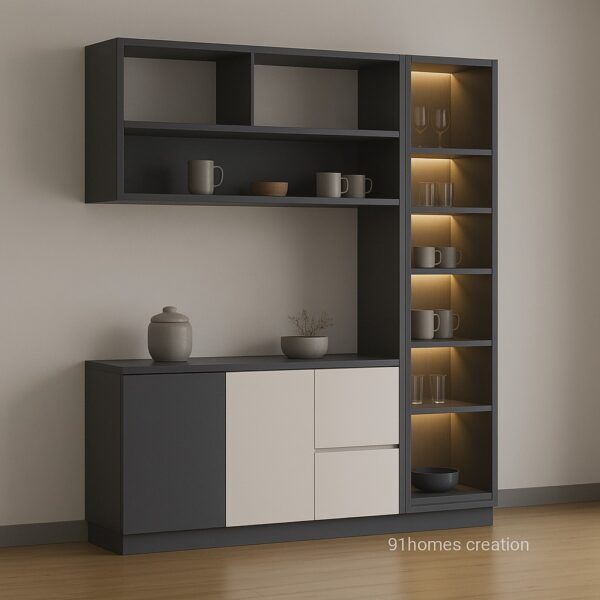 Wall-mounted modular crockery unit with open glass shelving and ambient lighting
