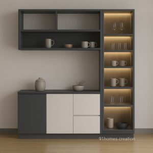 Modular crockery unit with white and grey matte finish and LED-lit glass shelves