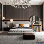 Modern interior wall with charcoal louver panels used as a decorative accent in a luxury home