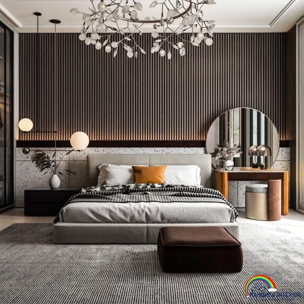 Modern interior wall with charcoal louver panels used as a decorative accent in a luxury home