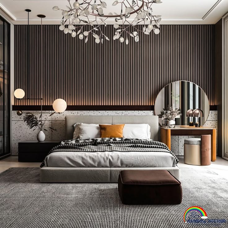 Modern interior wall with charcoal louver panels used as a decorative accent in a luxury home