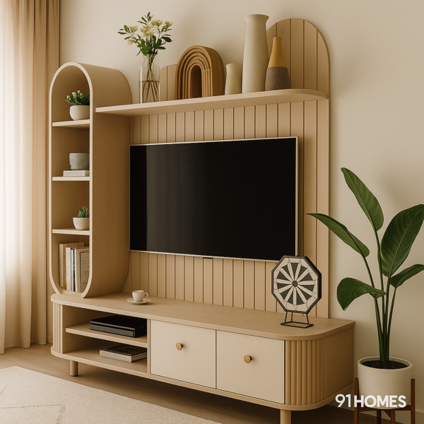 Wall-mounted Rounded Edge TV Unit featuring curved shelf and cabinet drawers.