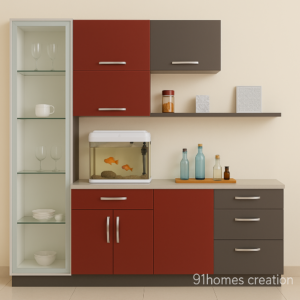 Red-Grey Crockery Display Unit. Modern modular kitchen cabinet with glossy red and grey drawers, wall-mounted shelves, and a glass display unit.