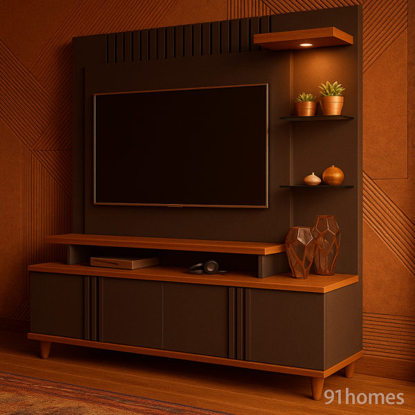 Wall-mounted Walnut Edge TV Unit with floating glass shelves and deep brown vertical slats.