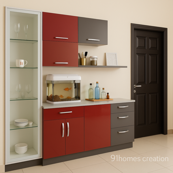 Contemporary kitchen storage unit with red and grey matte finish, aquarium on countertop, and glass crockery cabinet.
