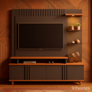 Walnut Edge TV Unit featuring dark fluted paneling with matte finish and warm wood accents.