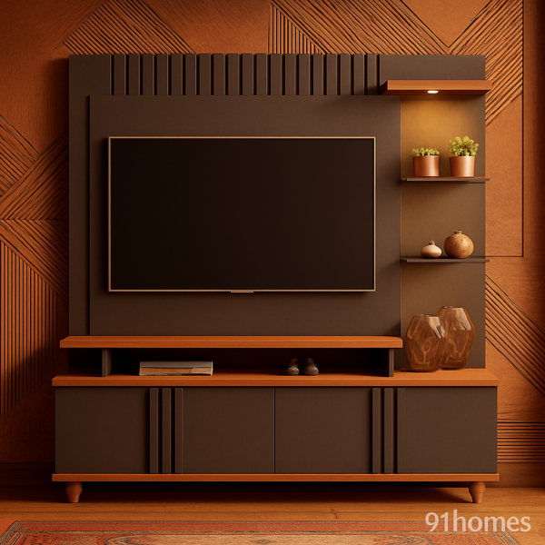 Walnut Edge TV Unit featuring dark fluted paneling with matte finish and warm wood accents.