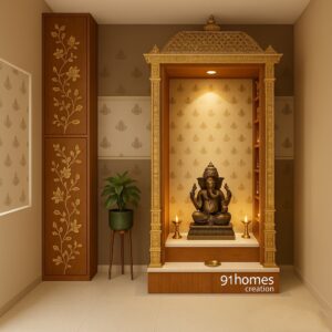Side view of golden arch teakwood mandir with marble base and Ganesha idol