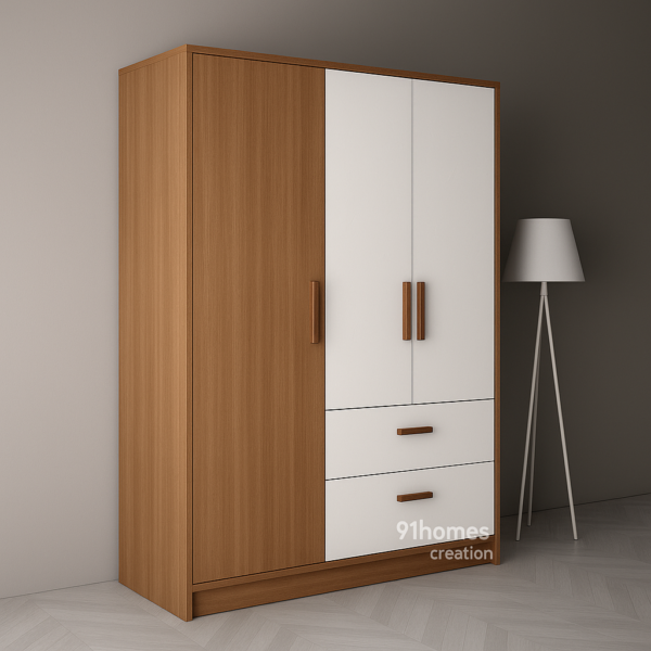 Modern three-door wardrobe in MDF with drawers and wooden handles