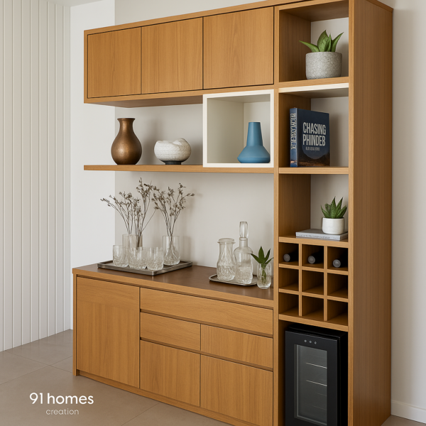 Oak finish modular storage unit with display shelves and matte cabinets