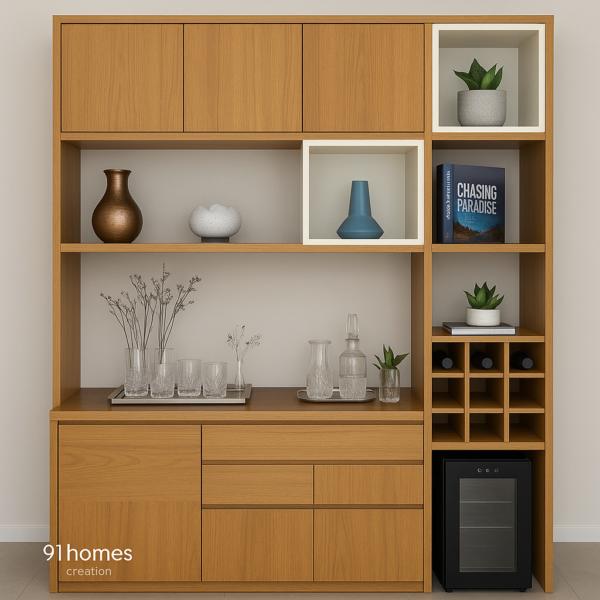 Oak Finish Crockery and Bar Unit with Wine Rack and Display Shelves