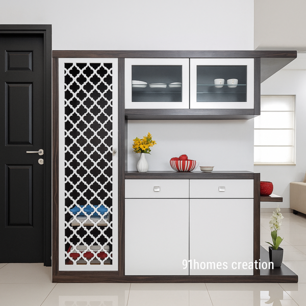 White Dark Wood Crockery Unit with Glass Shutters and Lattice Shelf