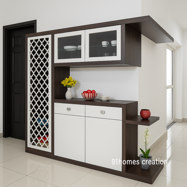 HDHMR laminate kitchen cabinet with floral cutout wine shelf and push-to-open drawers