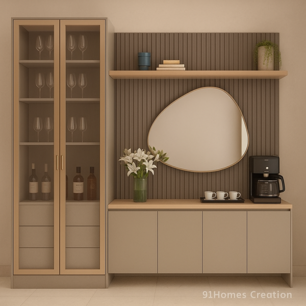 Beige Wooden Crockery Unit with Mirror and LED Shelf