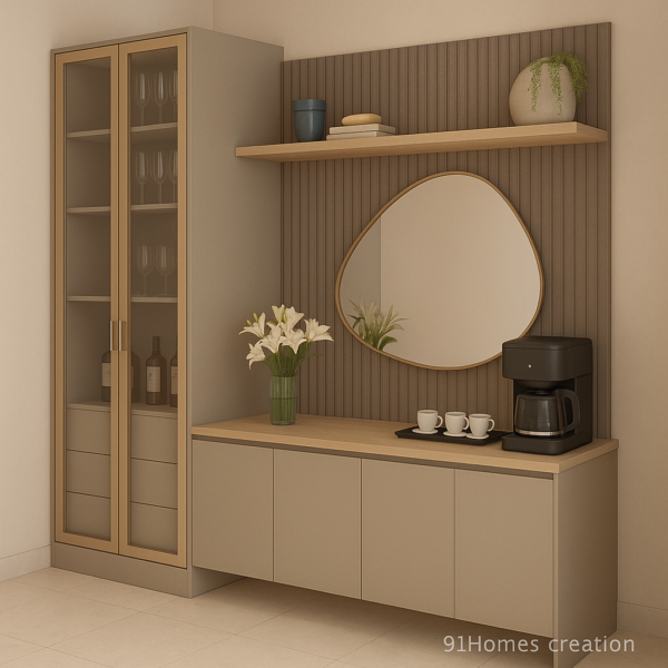 Modern matte-finish crockery cabinet with asymmetrical mirror and LED lighting