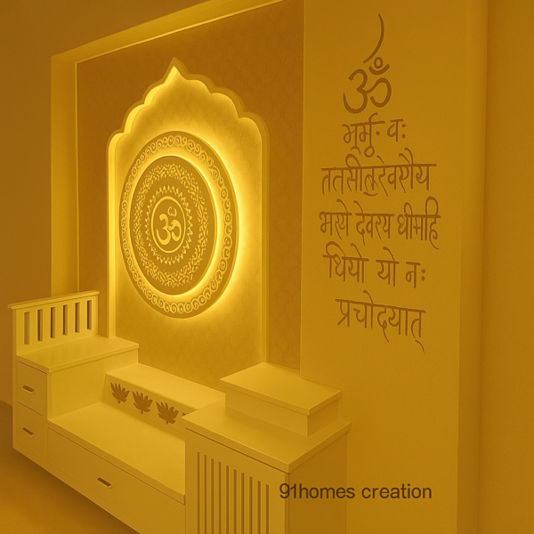 Side View of Wooden Wall-Mounted Mandir with Glossy White Finish
