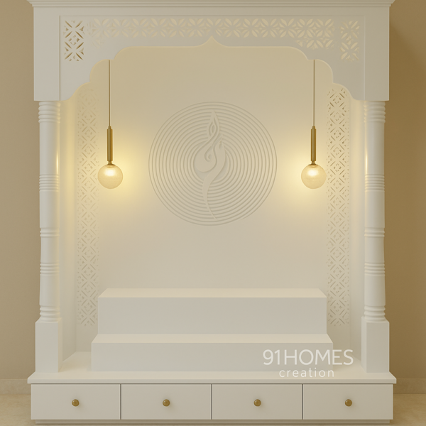 All white mandir design with step platform and hanging lights