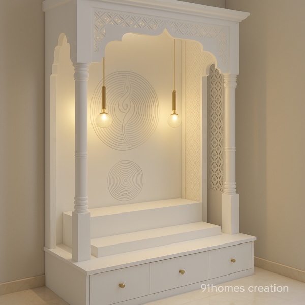Minimalist pooja unit with carved jaali panels and round motif