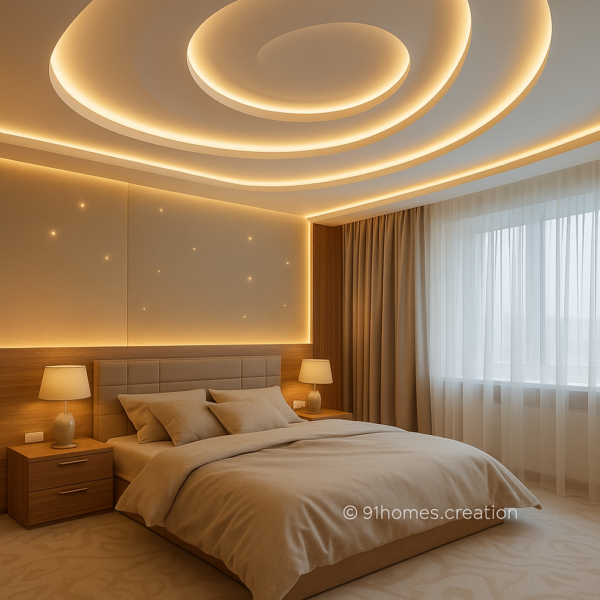 Spiral beige ceiling design with LED strip lighting and layered curves