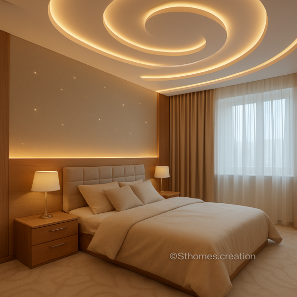 Modern bedroom featuring sculpted spiral beige ceiling in matte finish